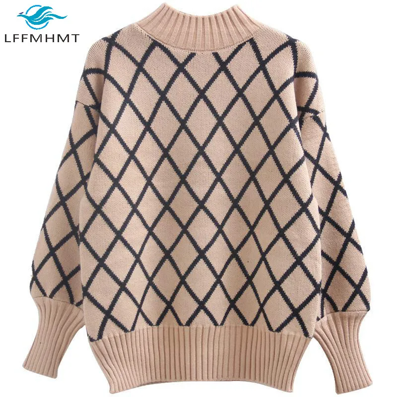 

Women Winter Fall New Korean Style Plaid Pullover Sweater Student Office Lady Long Sleeve Casual Loose Warm Turtleneck Knitwear