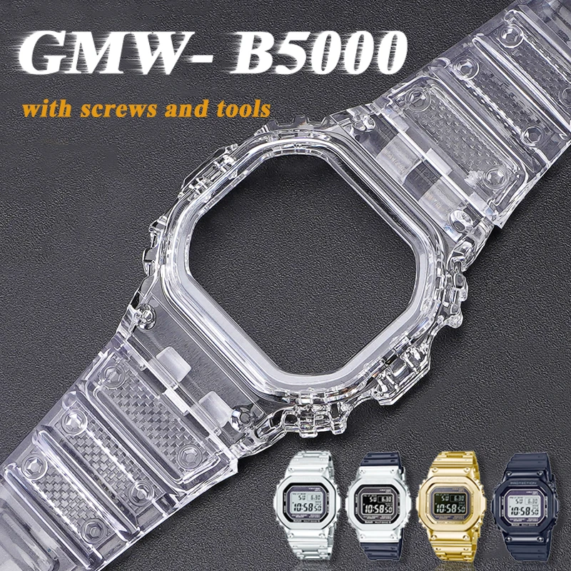 

Rubber Anti-fall Strap for GMW-B5000 GMWB5000 Mod Ice Transparent Silicone Watchband Metal Bezel Wrist Strap with Tools Screws