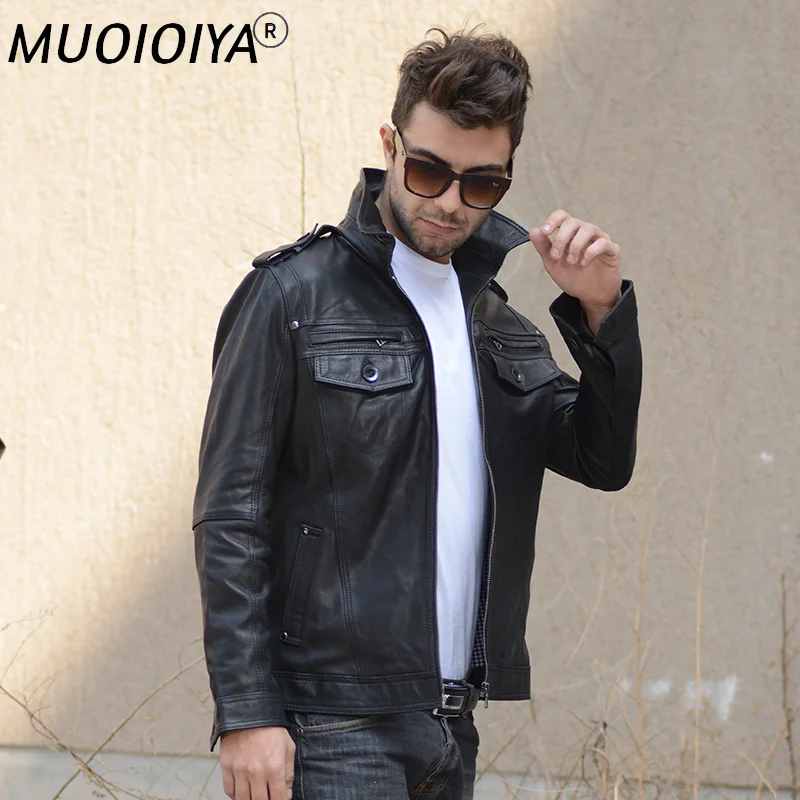 

Мужская мотоциклетная куртка из натуральной овечьей кожи, с воротником-стойкой и карманами