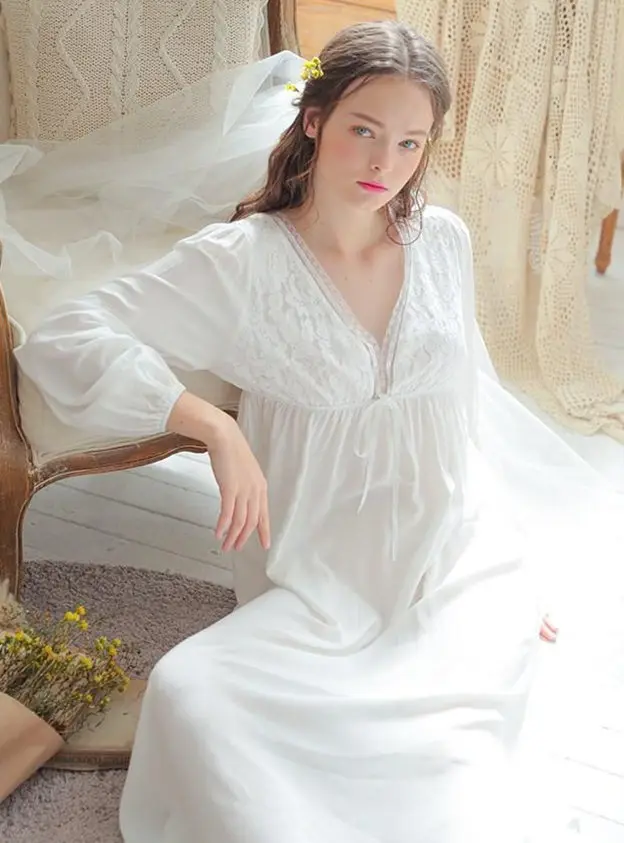 Vintage Sexy Sleepwear Maternity Pajamas Women Cotton Medieval Nightgown White Deep V Neck Backless Princess Night Dress | Мать и ребенок