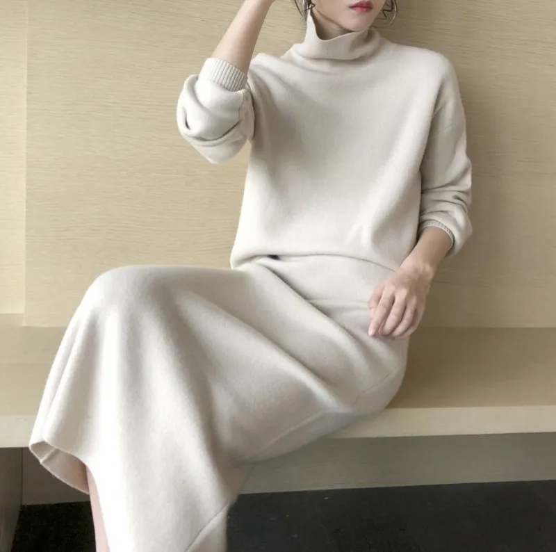 

2021 Autumn winter Women's Knitting Costume Turtleneck Solid Color Pullover Sweater + Slim Skirt Two-Piece Set