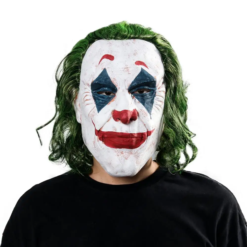 

New Horror Movie Joker Cosplay Mask Scary Joker Latex Mask with Green Hair Wig Halloween Party Costume Props