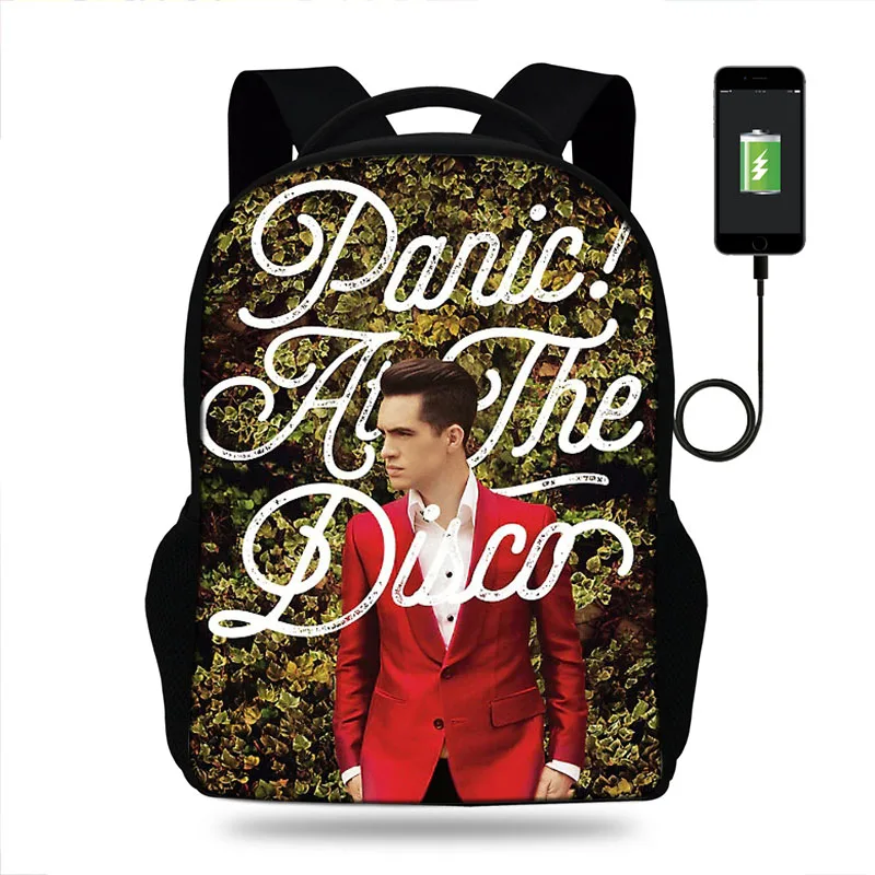 17 дюймов Brendon Urie Panic At The Disco Print рюкзак мужской USB зарядка Рюкзак для подростков мальчиков и девочек школьные сумки ноутбук