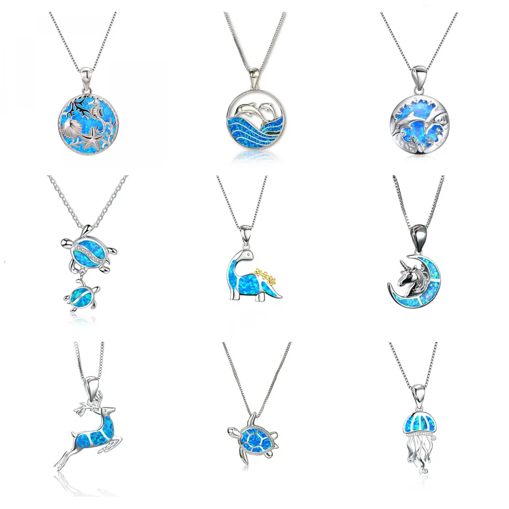 

Cute Seahorse Dolphin Sea Turtle Animal Pendant Necklace for Girl Child Women Fashion Round Blue Opal Necklace Wedding Jewelry