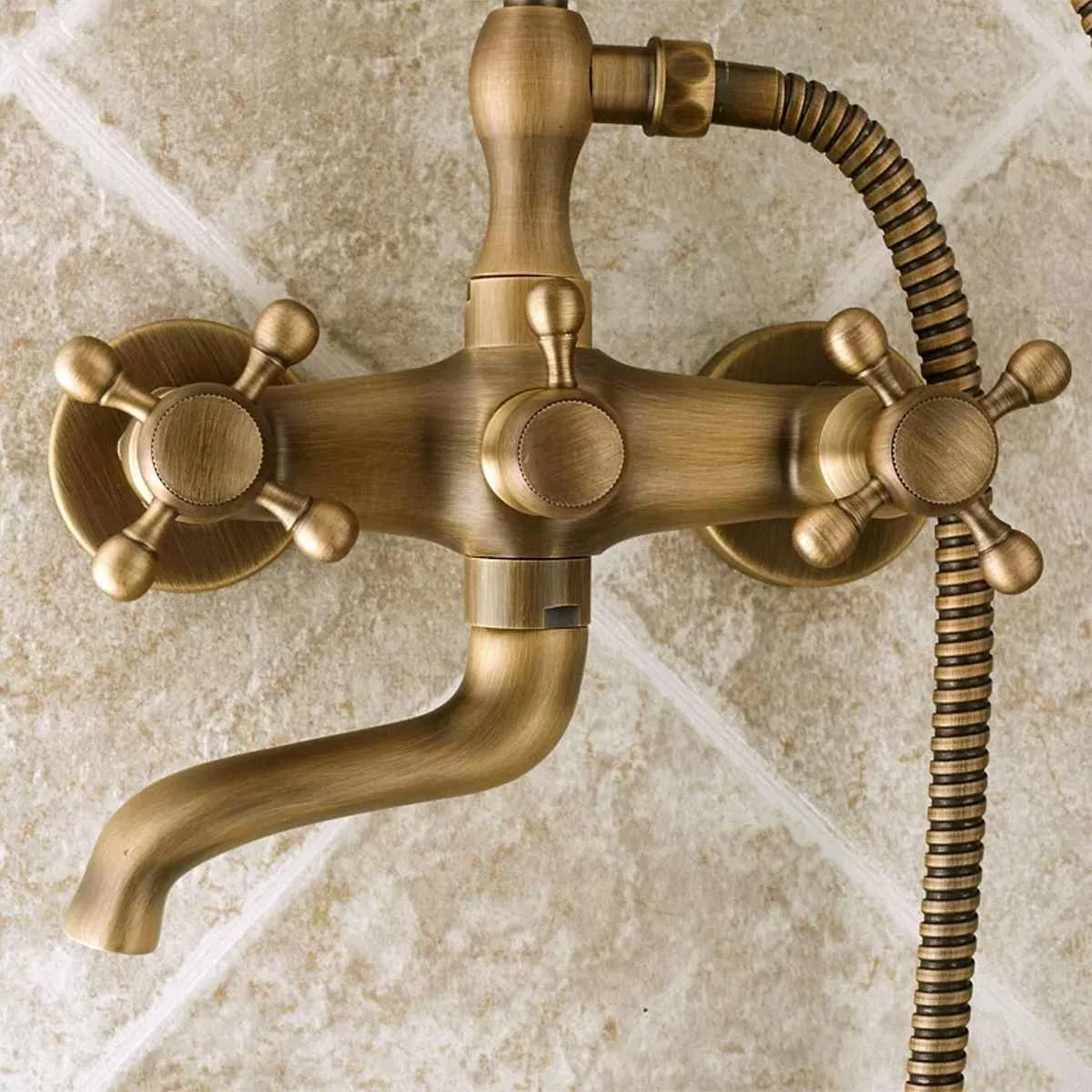 

Xueqin Brass Antique Bathroom Shower Faucet Set Wall Mount Dual Handle with Handshower Brass Bathroom Shower Mixer Tap