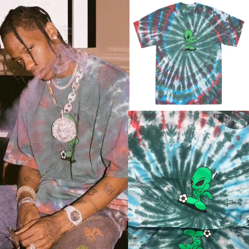 Hip-hop Travis Scott Alien Tie Dye Astroworld Tee T Men Women 1:1 high quality High Street TRAVIS SCOTT t-shirts | Мужская одежда