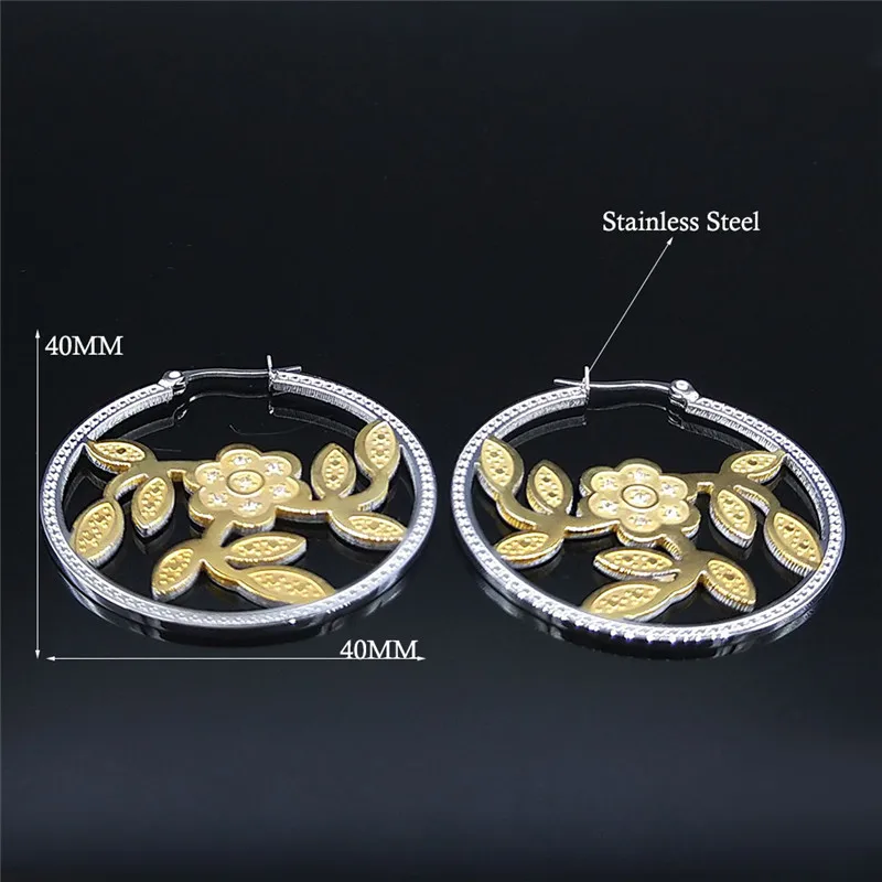 

2021 Stainless Steel Round Flower Leaf Earings for Women Pair Hoop Earrings Gold Color Jewelry boucle oreille femme EXS01