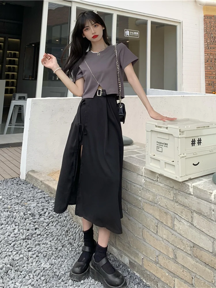 

Long Skirts For Women Harajuku Women's Clothes Korean Fashion High-Waisted Skirt Petticoat Ruffles Summer Skirts Solid Sashes