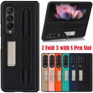 genuine leather case for samsung galaxy z fold 3 case with s pen slot holder for galaxy z fold 3 kicstand case fold3 phone cover free global shipping