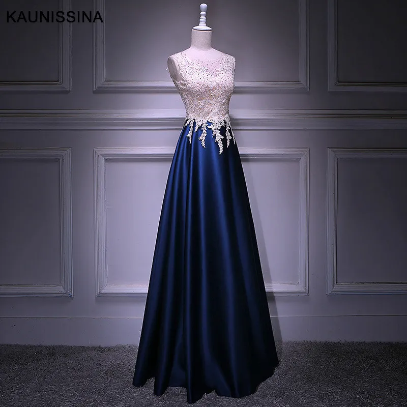 Long Navy Blue KAUNISSINA, женское вечернее платье для церемонии, длинное платье, круглый вырез, кружево, атлас, бисер, длина до пола, платье для выпускного вечера, настоящая фотография, Vestido - Цвет: Long Navy Blue
