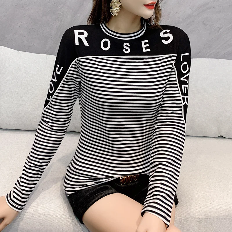 Купи #8971 Spring 2022 Striped T Shirt Women O Neck Cotton Letters Long Sleeve T Shirt Korean Fashion Women's T-shirt Spliced Color за 827 рублей в магазине AliExpress