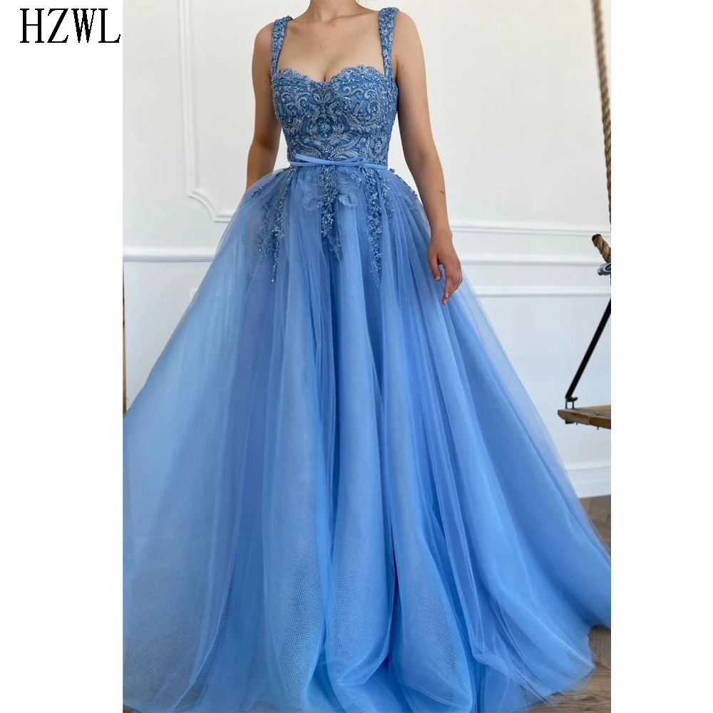 

2020 A-Line Deamy Cerulean Lace Prom Dresses Spaghetti Sweetheart Baby Blue Tulle and Deep Ocean Blue Lace Straps Evening Dress