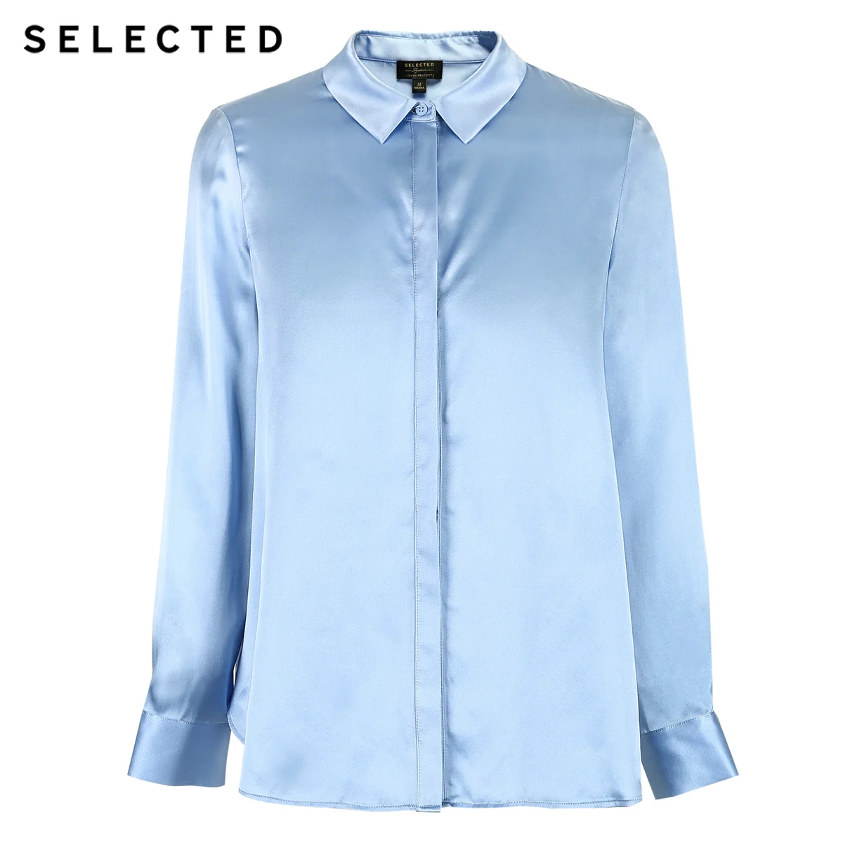 Женская рубашка с длинными рукавами из шелка тутового цвета синего S | 419205512