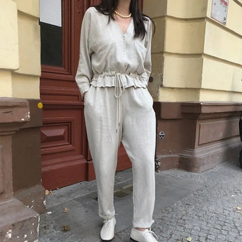 

Solid Color Spring and Summer Long-sleeved V-neck Loose Jumpsuit Women's Waist Lace Flounces Fashion Casual Straight Jumpsuit