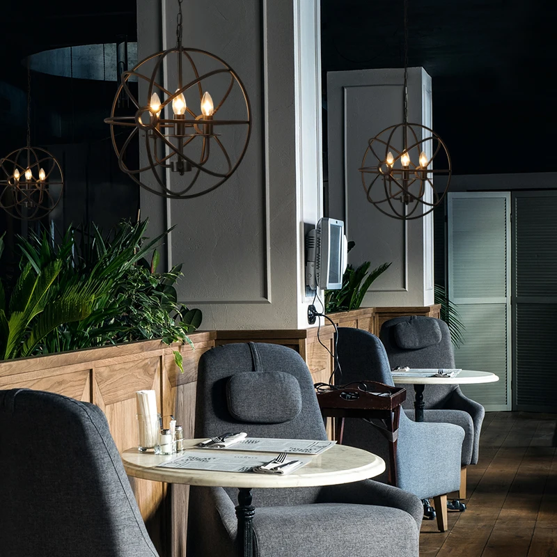 Дешево Ретро люстра в стиле лофт из кованого железа, креативная люстра в форме глобуса, для кафе, бара, ресторана, античная американская люстра