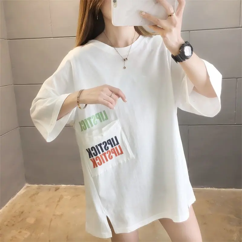 

Большой Размеры Женская летняя обувь Длина футболка с рукавом до локтя для девочек свободные удобные футболки Модная Летняя футболка с кор...