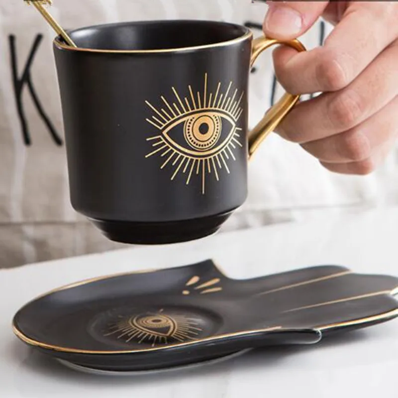 

200ml Phnom Penh Handle Ceramic Eyes Pattern Mug With Hamsa Saucer Breakfast Milk Coffee Cup Juice Cup Gift For Friends
