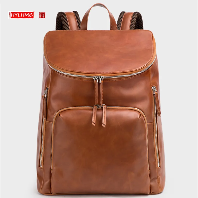 

HANSOMFY Luxury Genuine Leather Men Backpack Business 15-17 Inch Laptop Bag Large Capacity Travel Backpacks Top Layer Cowhide Sc