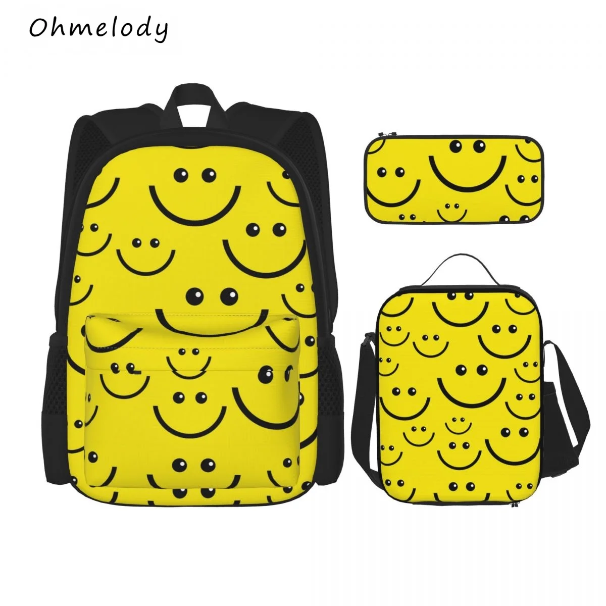 

Cheerful Smile Face 3PCS Sets School Backpack Lunch Bag Pencil Case Teenage Boys Girls Casual Daypacks Travelling Backpack