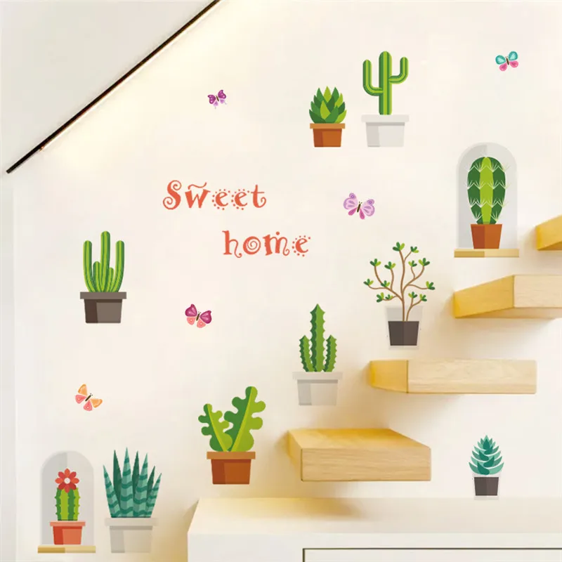 

Cactus Flowerpot Wall Stickers Home Decoration Diy Prickly Pear Pastoral Mural Art Diy Decorative Plant Wall Decals Peel & Stick