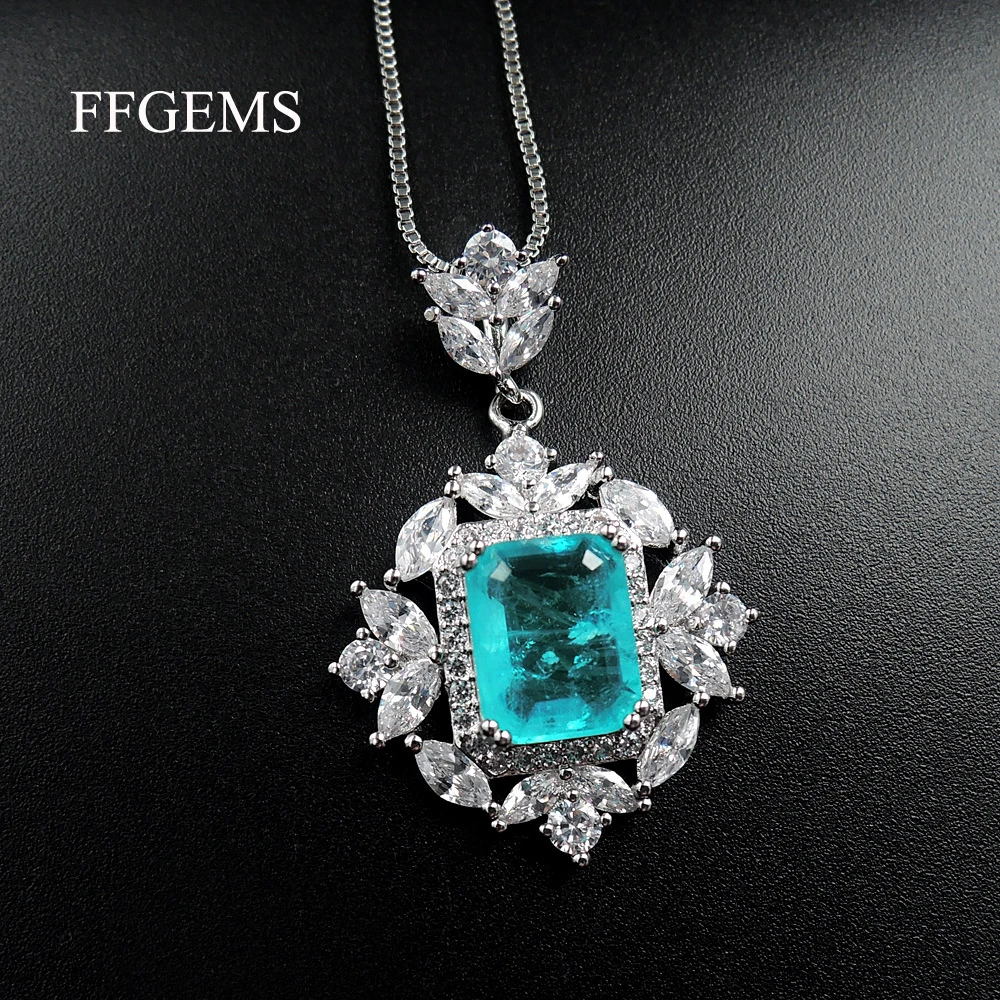 

FFGEMS 925 Sterling Silver color Created Moissanite Paraiba Tourmaline Gemstone Wedding Pendent Necklace Fine Jewelry Wholesale