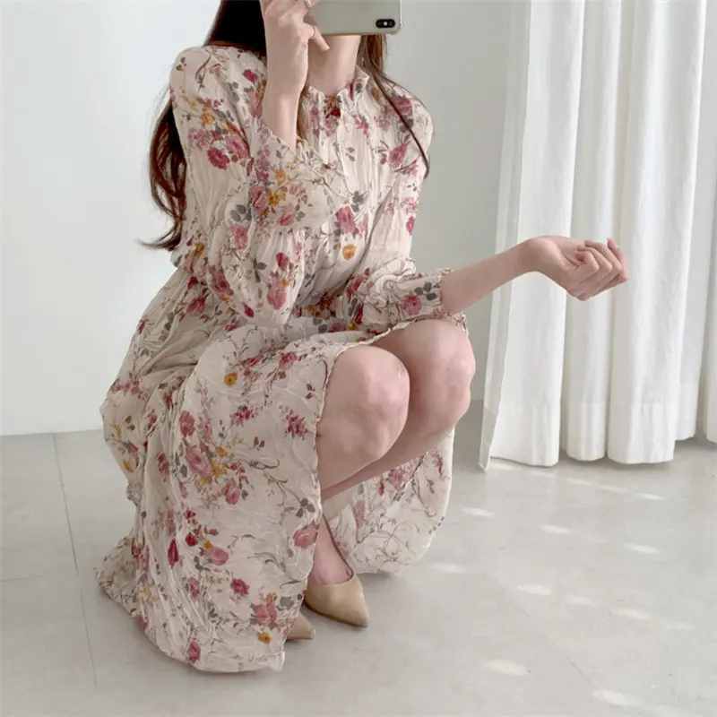 Элегантное Плиссированное офисное платье с длинными рукавами и цветочным