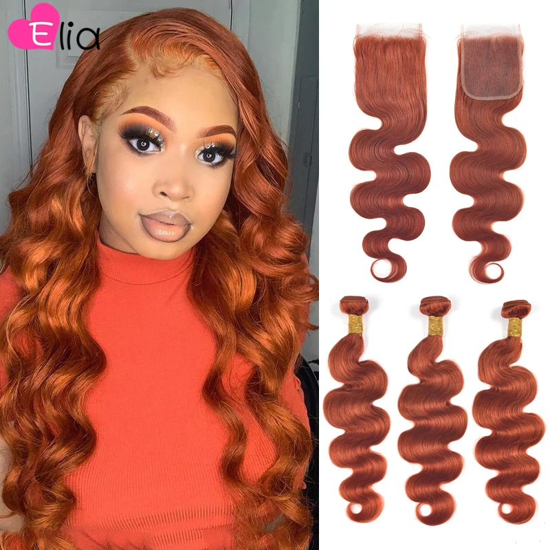 

Elia Orange Bundles With 4x4 Lace Closure HD Lace Peruvian Body Wave Hair Extension Hair Weave Free Part Three Part Side Part