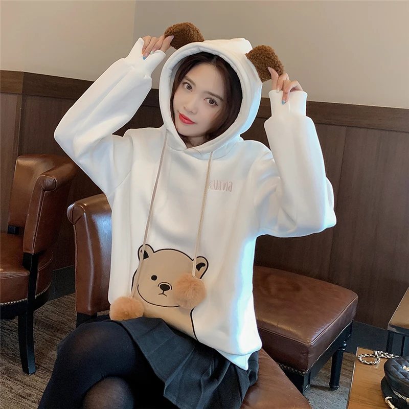 Merry Pretty женские толстовки с капюшоном Harajuku мультфильм Медведь Вышивка толстовки толстый свитшот с ушками на капюшоне спортивный костюм