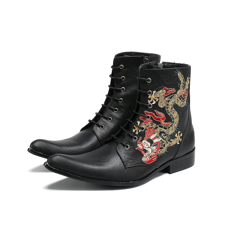 

Luxury Shoes Pointed Toe Lace Up Men's Ankle Boots Dragon Embroidery Men Motorcycle Boots Business Party Male Short Boots