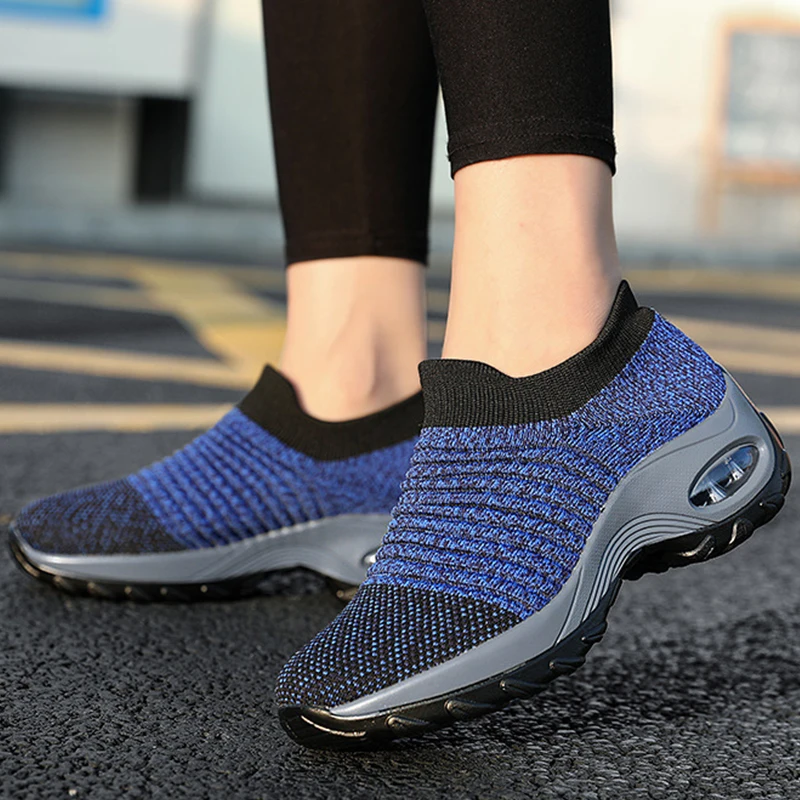 

Women Breathable Mesh Sock Sneakers Woman Vulcanized Air Cushion Sports Shoes Flat Slip On Platform Tenis for Women Shoes