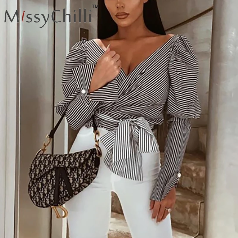 Полосатая черная блузка MissyChilli с длинным пышным рукавом сексуальная женская на