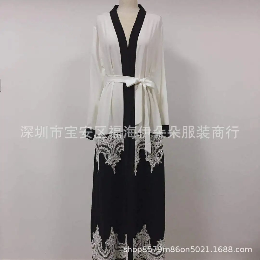 

WEPBEL Muslim Abaya Lace Embroidery Open Dress Plus Size Women's Cardigan Sashes Floral Flower Ramadan Islamic