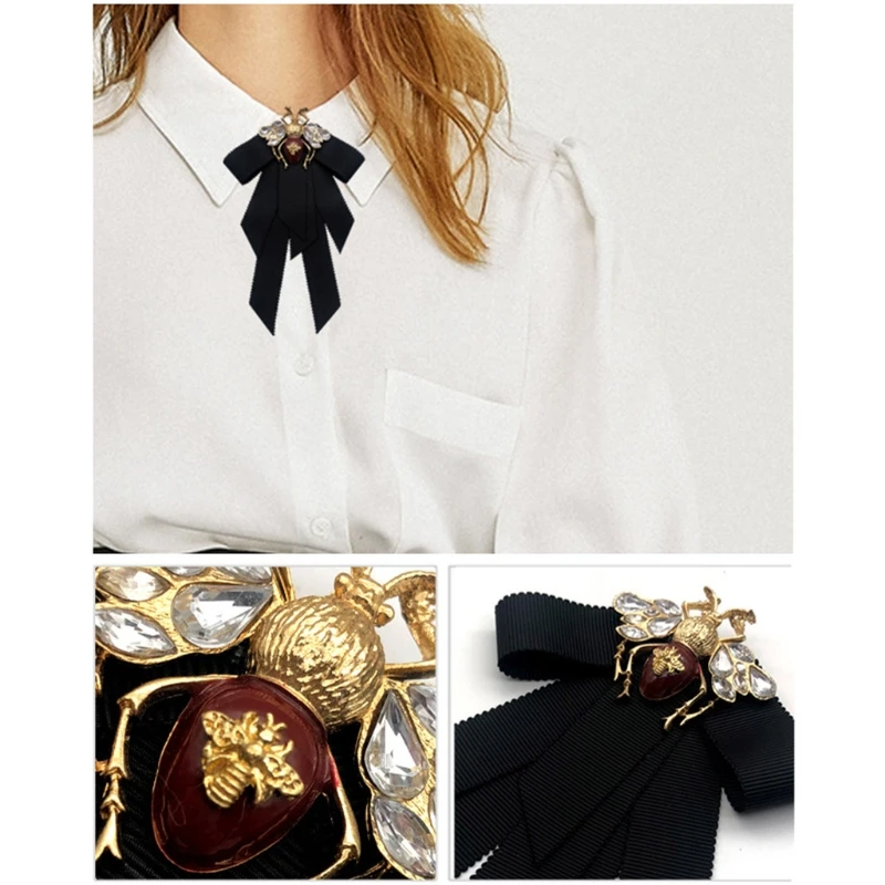 

Vintage Ribbon Women Big Bowtie Bee Bowknot Bow Tie Cravat Crystal Brooch Pin XX9D