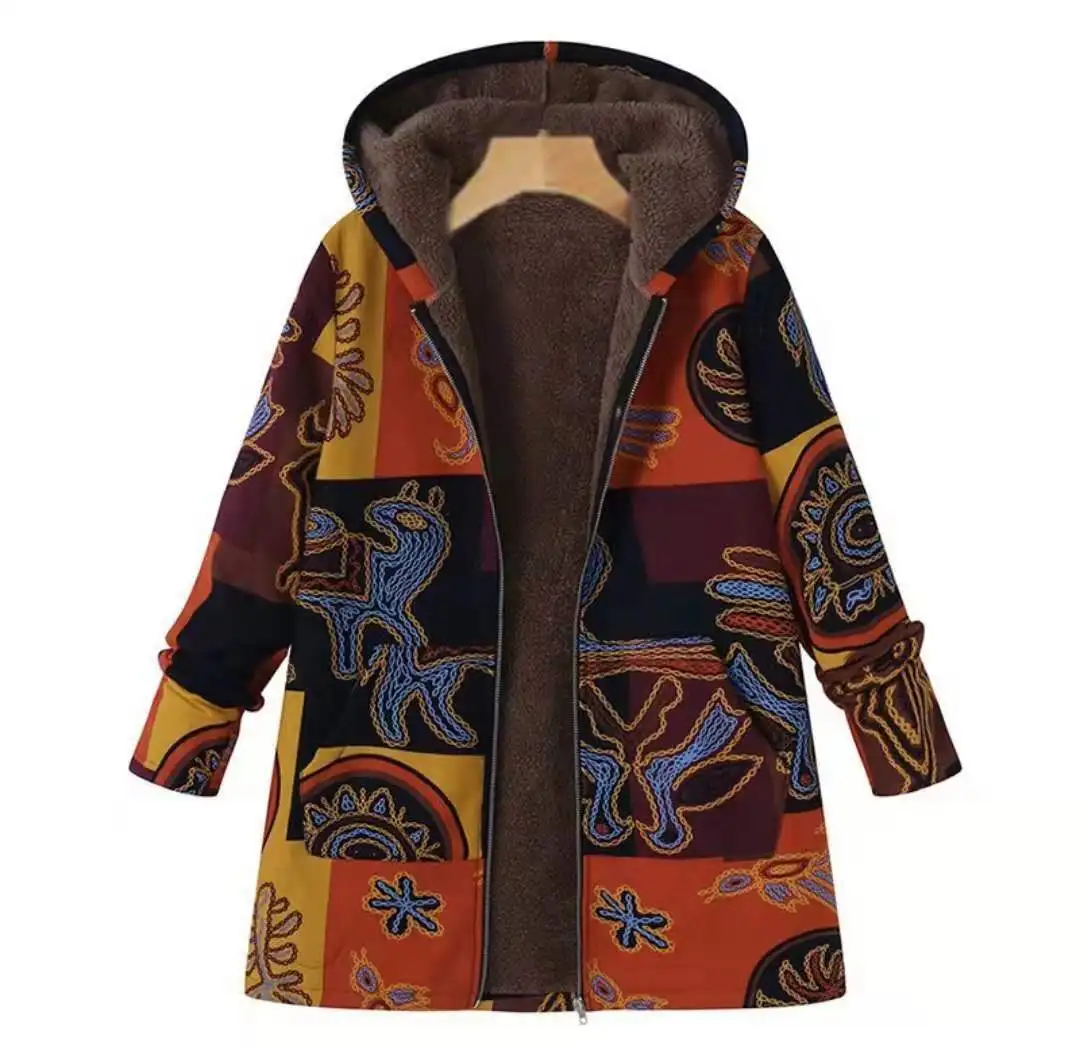 2021 Autumn Velvet Cotton Jacket Zipper Plus Women's Retro Totem National Style Fashion Printed Hooded Warm Winter Jacket Coat