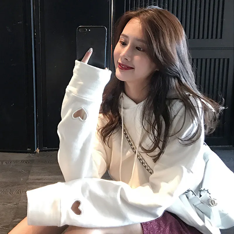 

Женский свитшот с капюшоном, Белый Свободный Повседневный пуловер с длинным рукавом и вырезами, в стиле ретро, весна 2021