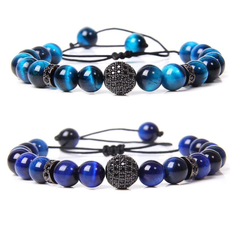 

Fashion Natural Blue Tiger Eye Stone Beads Bracelet Adjustable Men Braided Black Wristbands Luxury CZ Charm Jewelry Gift Pulsera