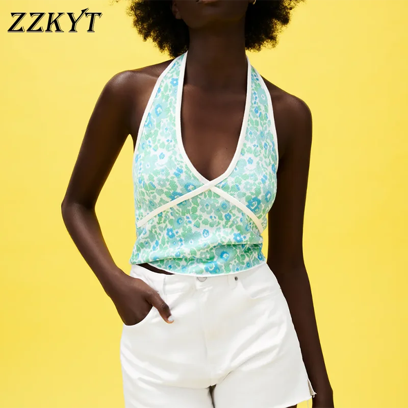 

ZZKYT 2021 Women Summer Vintage Floral Print Knitted Cropped Tank Tops Fashion Button Halter Collar Backless Casual Chic Tops