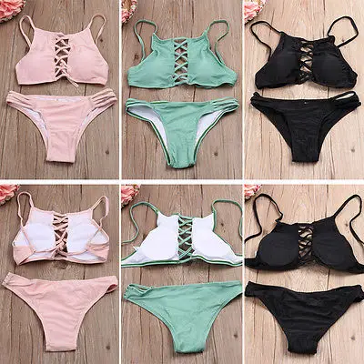 2017 Sexy Brazilian Women solid color bandage Push up Padded Bikini Set Bathing Suit Swimsuit Swimwear beachwear biquini |
