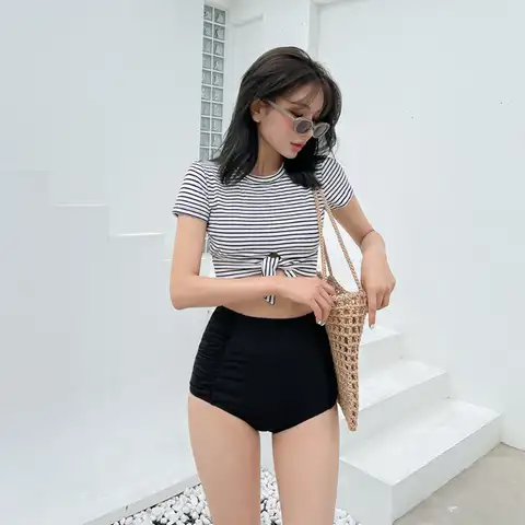 Women High Waist Bikini Set Short Sleeve Swimwear Straps Biquinis Women Two Pieces Swimsuit Sexy Bow Front Bathing Suit