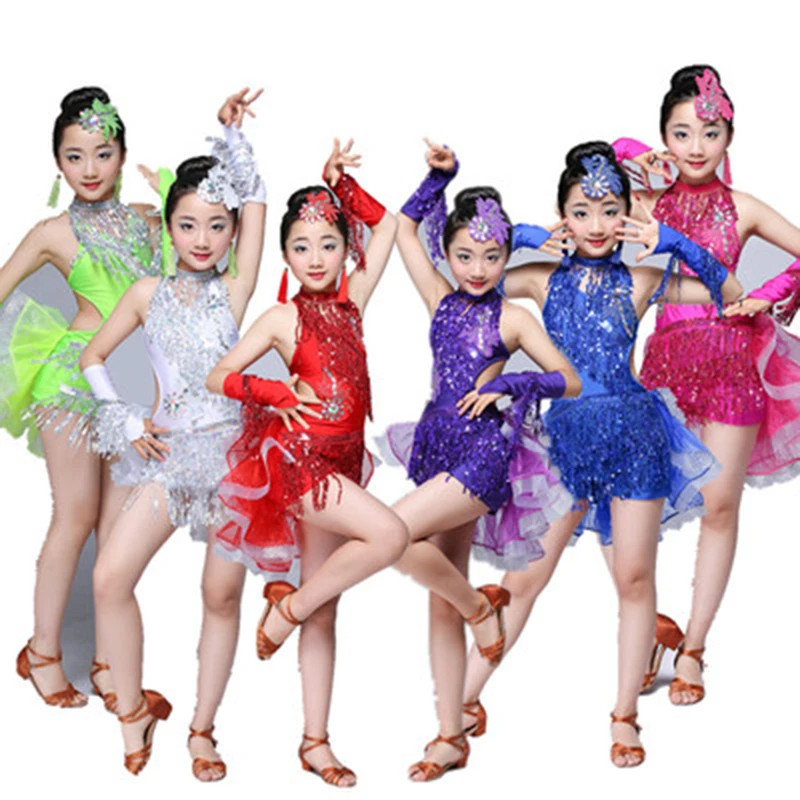 Платье с бахромой и блестками для сальсы Детские платья Одежда латинских танцев