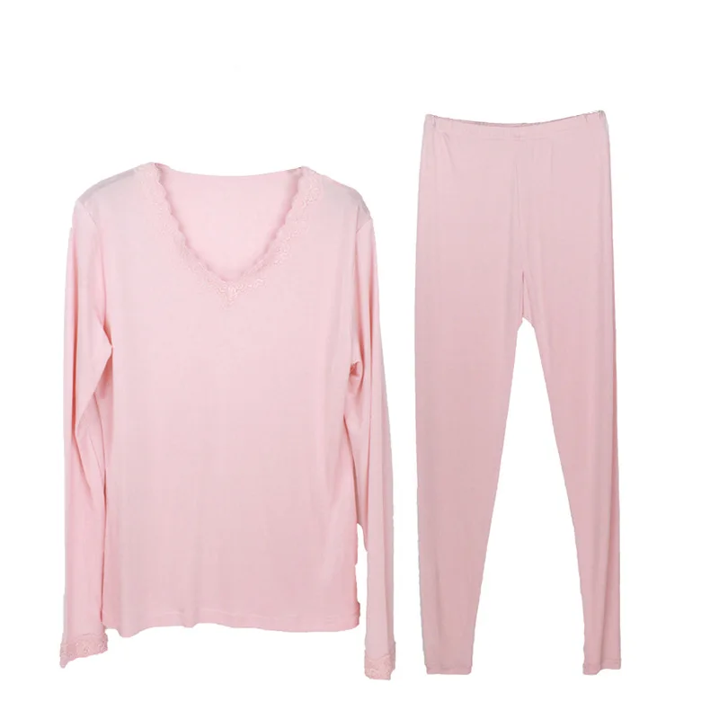 

Autumn and Winter Silk Thermal Underwear Set V-neck Lace Lady's High-End Silk Knitted Thermal Underwear