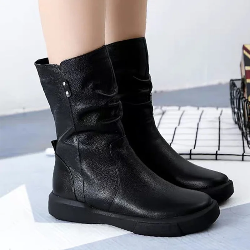 Ботинки до середины икры в стиле ретро на молнии Женские ботинки из кожи