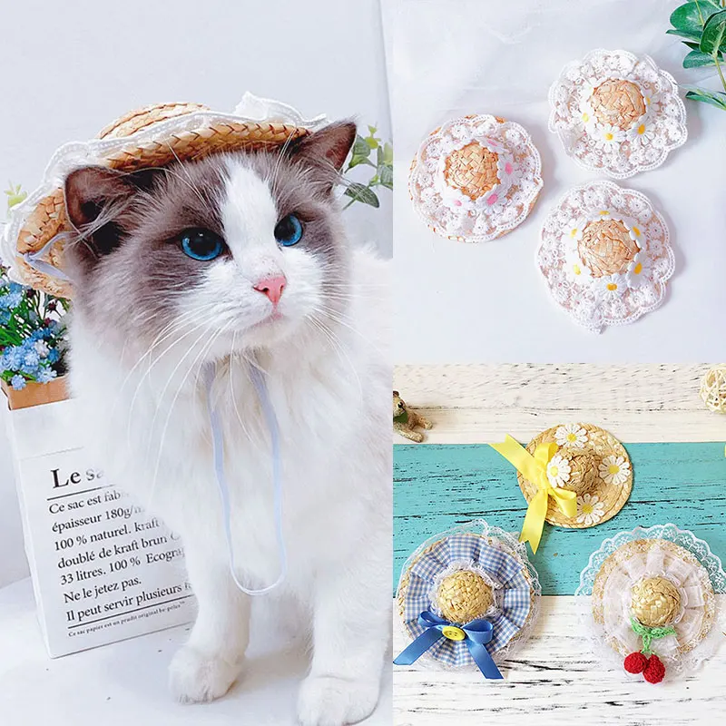 

Good-looking Dog Lace Bow Hats Sunscreen Straw Hats Linen Mixed Comfortable Pet Cap High Quality Hats Sweet Pet Decorative