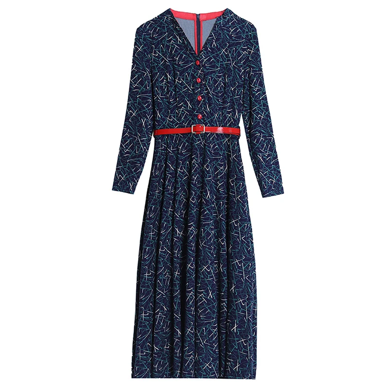 

Vintage Print Cotton Autumn Winter M-3XL Plus Size Long Sleeve Dress Elegant Women Knit Dress