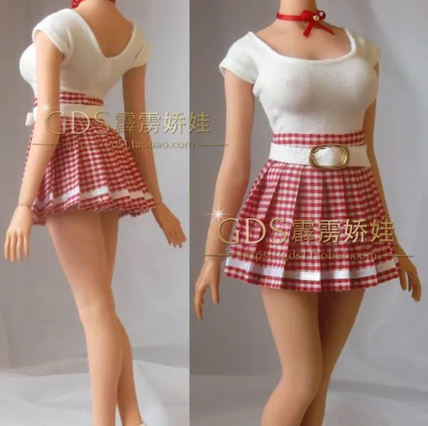 

1/6 Female soldier college style red plaid pleated skirt tight white T-shirt for 12 inch action figure