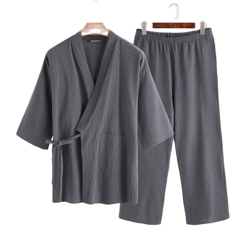 

Japanese Mens Kimono Pajamas Sets Male Robe Gown 2Pcs/Set Bathrobe Sleepwear Loose Man Cotton Comfortable Pajamas Sets 2021 5XL