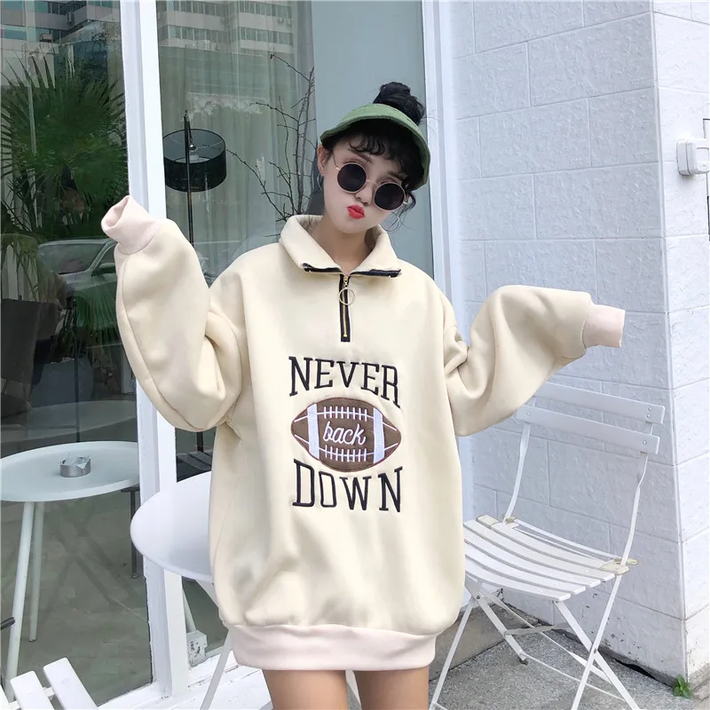 

Autumn Winter Plus Velvet Thickening Zipper Stand-Up Collar Sweatshirt Women Loose Top