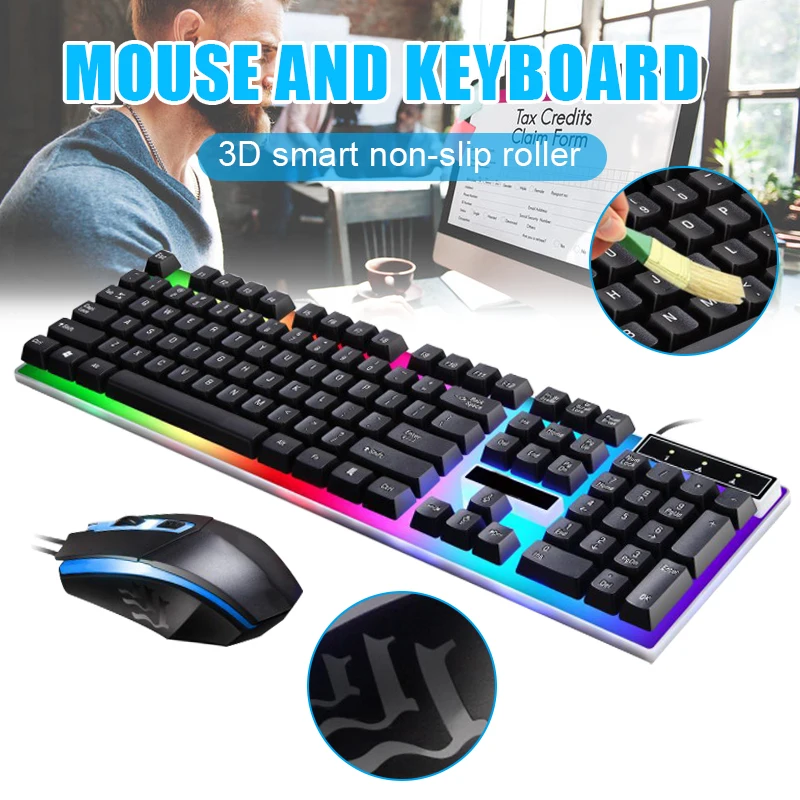 

Gaming Keyboard Mouse Set USB Wired Backlit Colorful Rainbow Mouse Keyboard Kit for Home Office DJA99