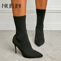 niufuni sexy women boots black pointed toe elastic ankle boots heels shoes autumn winter female socks boots stiletto slip on