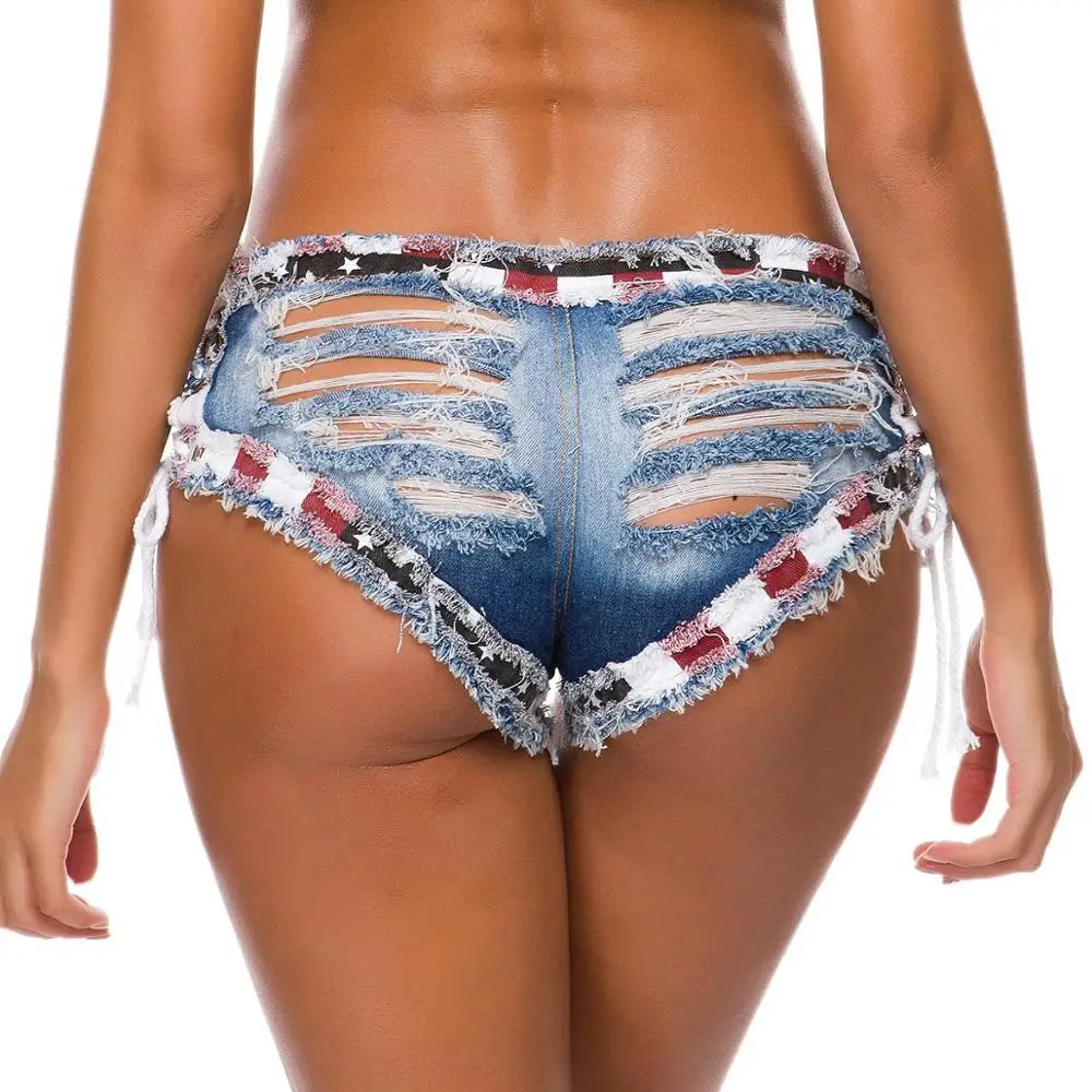 Sexy Ripped Hole Tassel Patchwork Mini Jeans Booty Shorts Denim Low Waist Lace Up Knotted Girl Short Beach Club Party Bottom